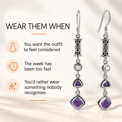 Natural Charoite, Amethyst & Pearl Earrings in Sterling Silver