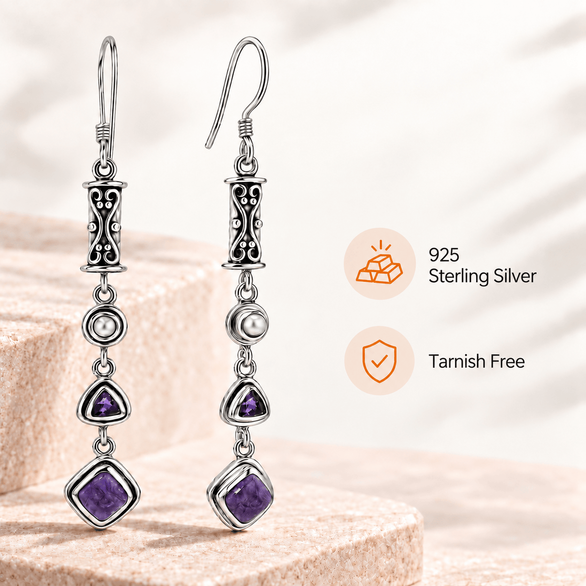 Natural Charoite, Amethyst & Pearl Earrings in Sterling Silver