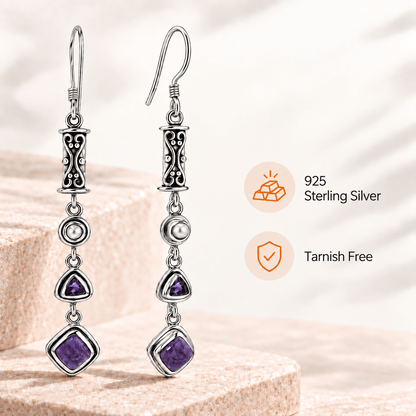 Natural Charoite, Amethyst & Pearl Earrings in Sterling Silver