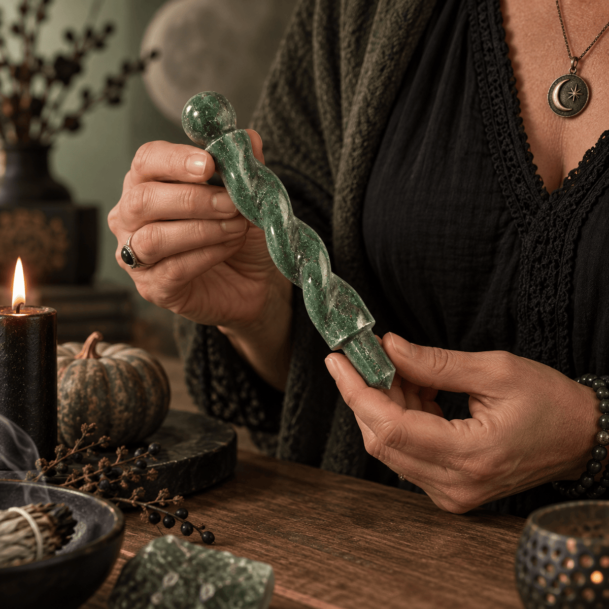 Natural Green Jade Spiral Wand – Luck and Abundance