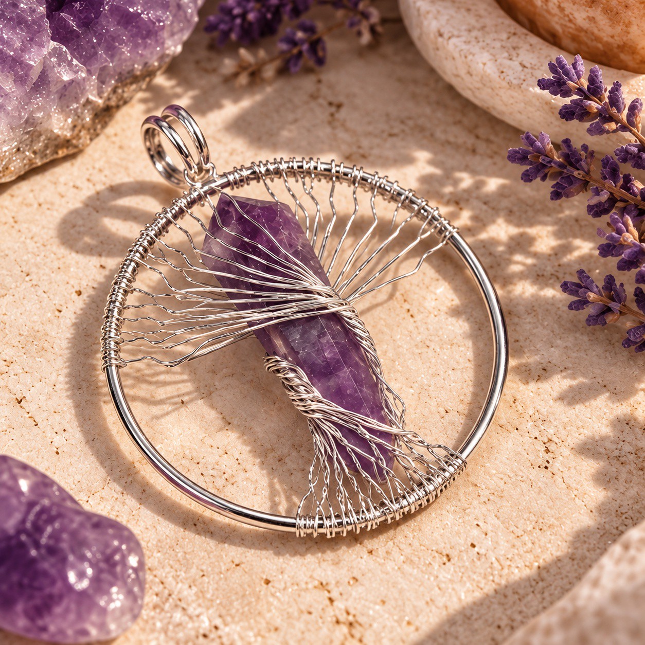 Natural Wire Wrapped Crystal Tree of Life Pendant for Growth