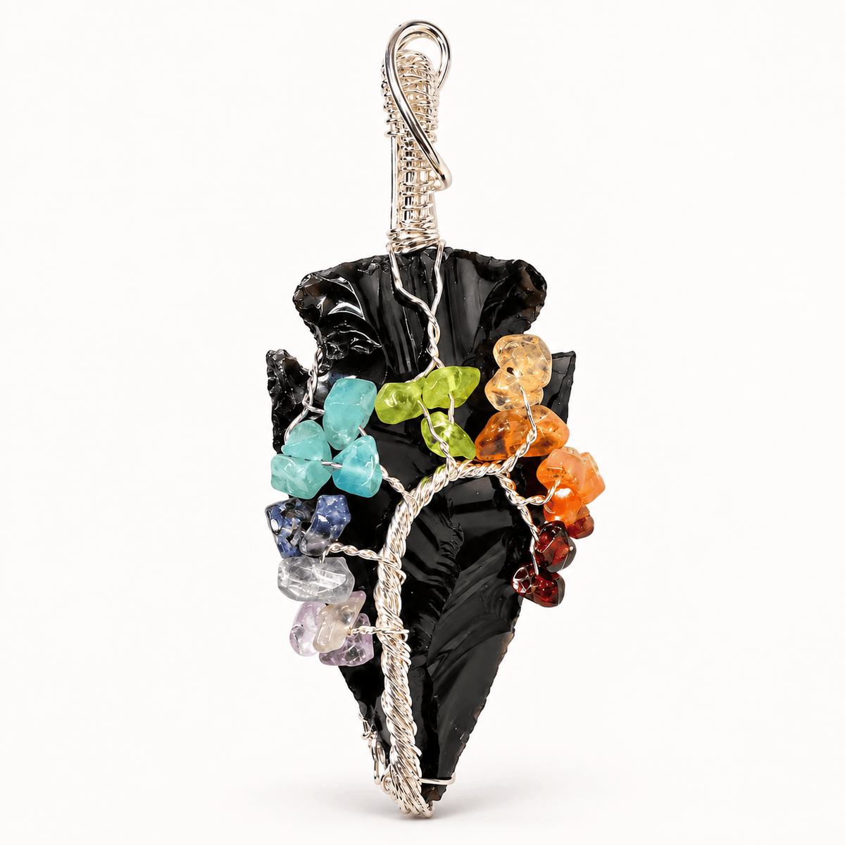 Black Obsidian Arrowhead – 7 Chakra Necklace Pendant
