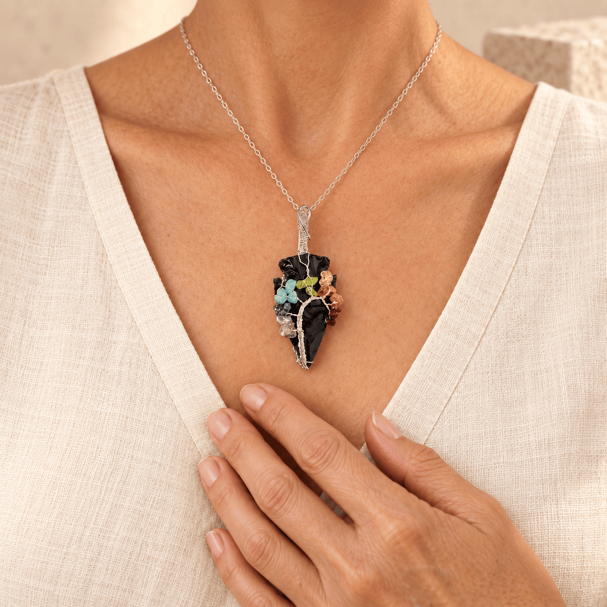 Black Obsidian Arrowhead – 7 Chakra Necklace Pendant