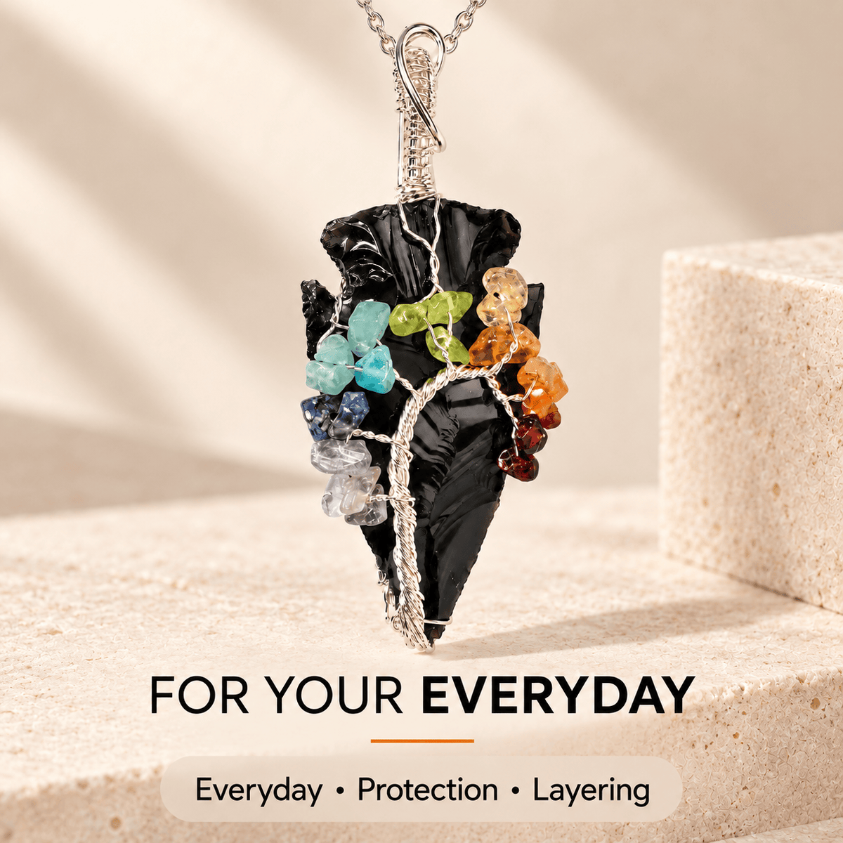 Black Obsidian Arrowhead – 7 Chakra Necklace Pendant
