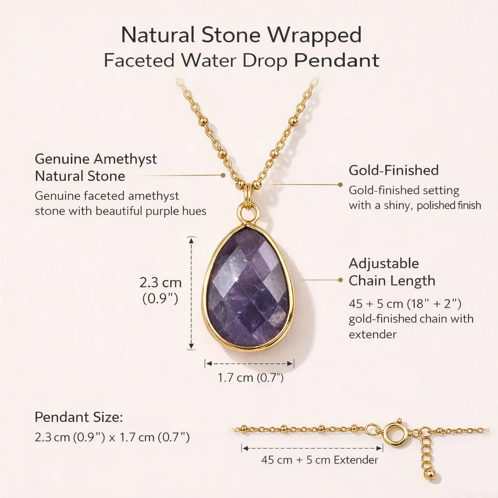Natural Stone Wrapped Faceted Water Drop Pendant — Capture the Essence of Healing Energy