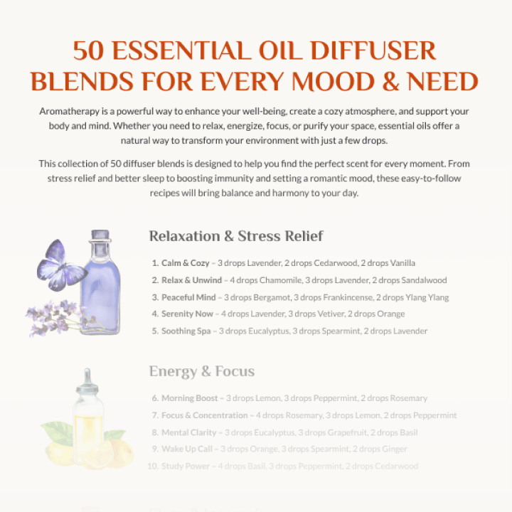 A Downloadable PDF Guide with 50 Essential Oil Diffuser Recipes & 30-Day Aromatherapy Guide for Stress Relief