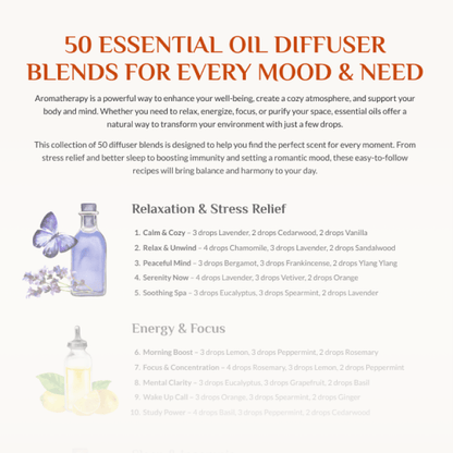 A Downloadable PDF Guide with 50 Essential Oil Diffuser Recipes & 30-Day Aromatherapy Guide for Stress Relief