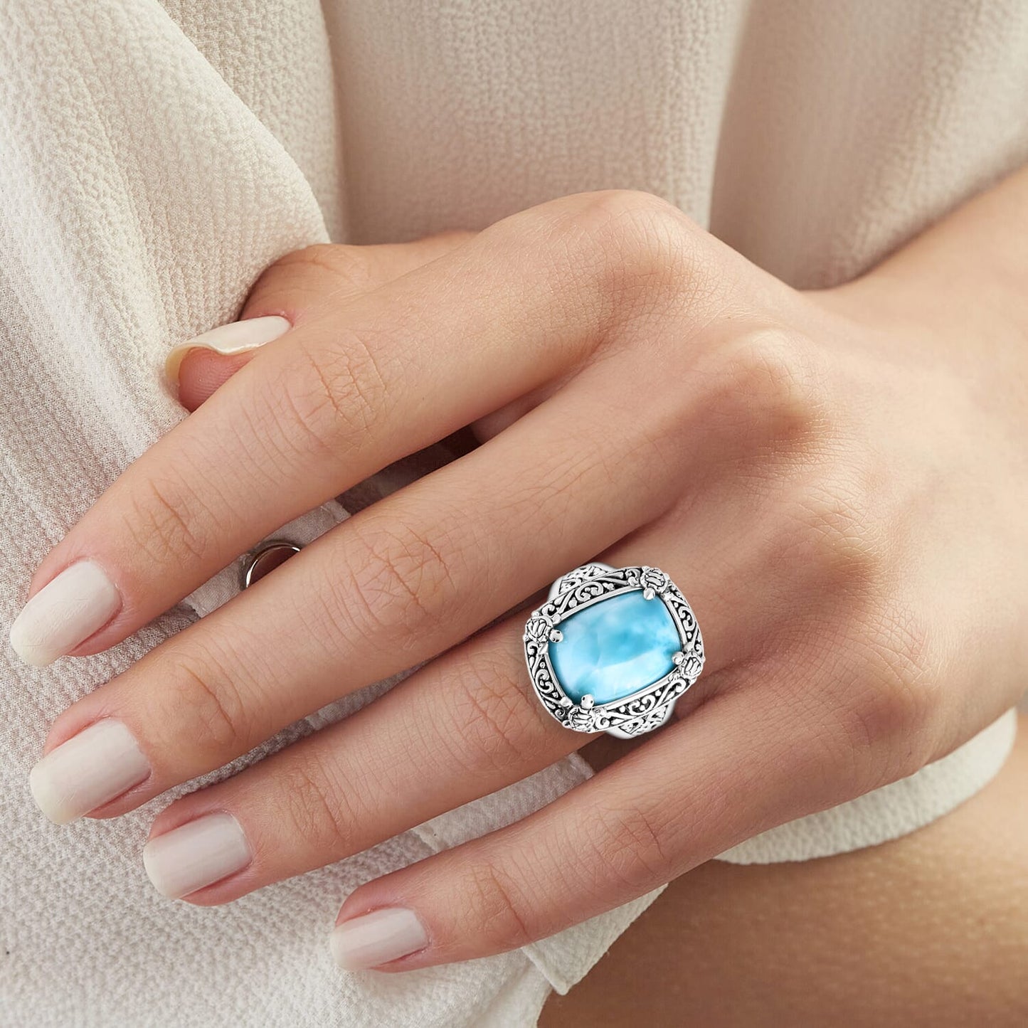 Balinese Silver Larimar Ring – A Tribute to Oceanic Wisdom & Peace