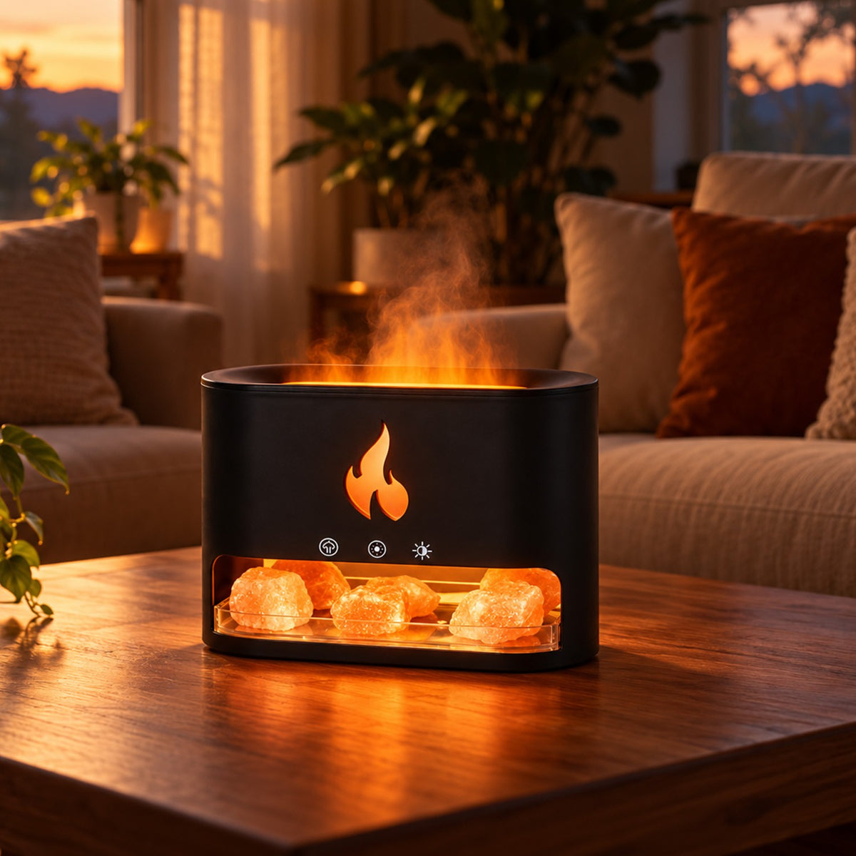 Himalayan Salt Fireplace Humidifier Lamp + FREE Set of 18 Blissful Aroma Oils