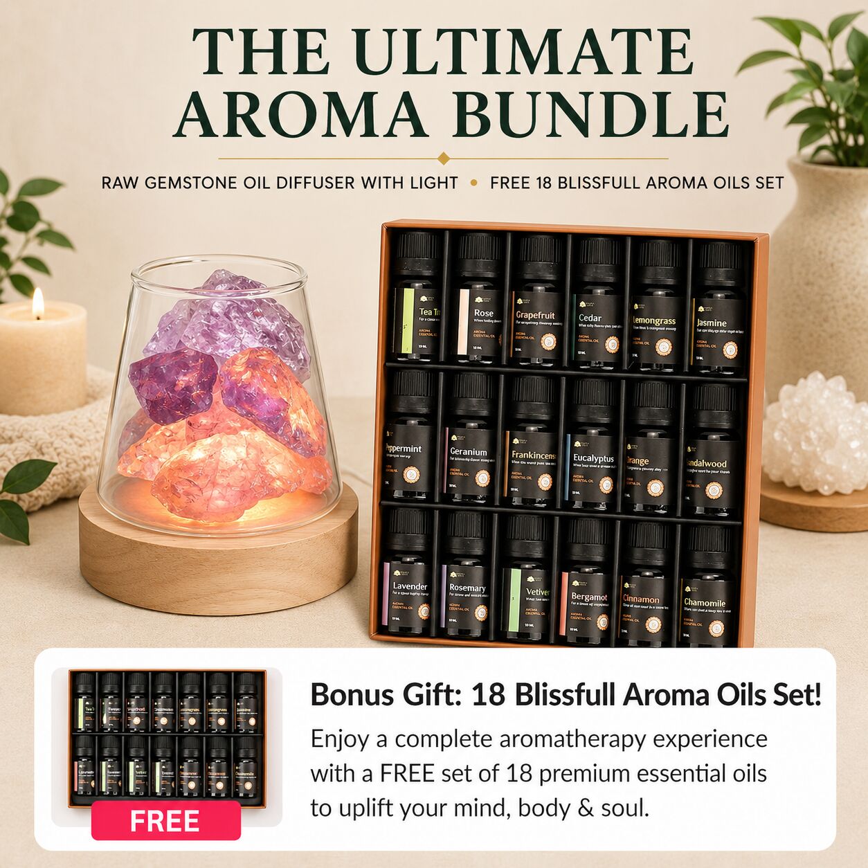 The Ultimate Aroma Bundle: Raw Gemstone Oil Diffuser with Light + FREE 18 Blissfull Aroma Oils Set
