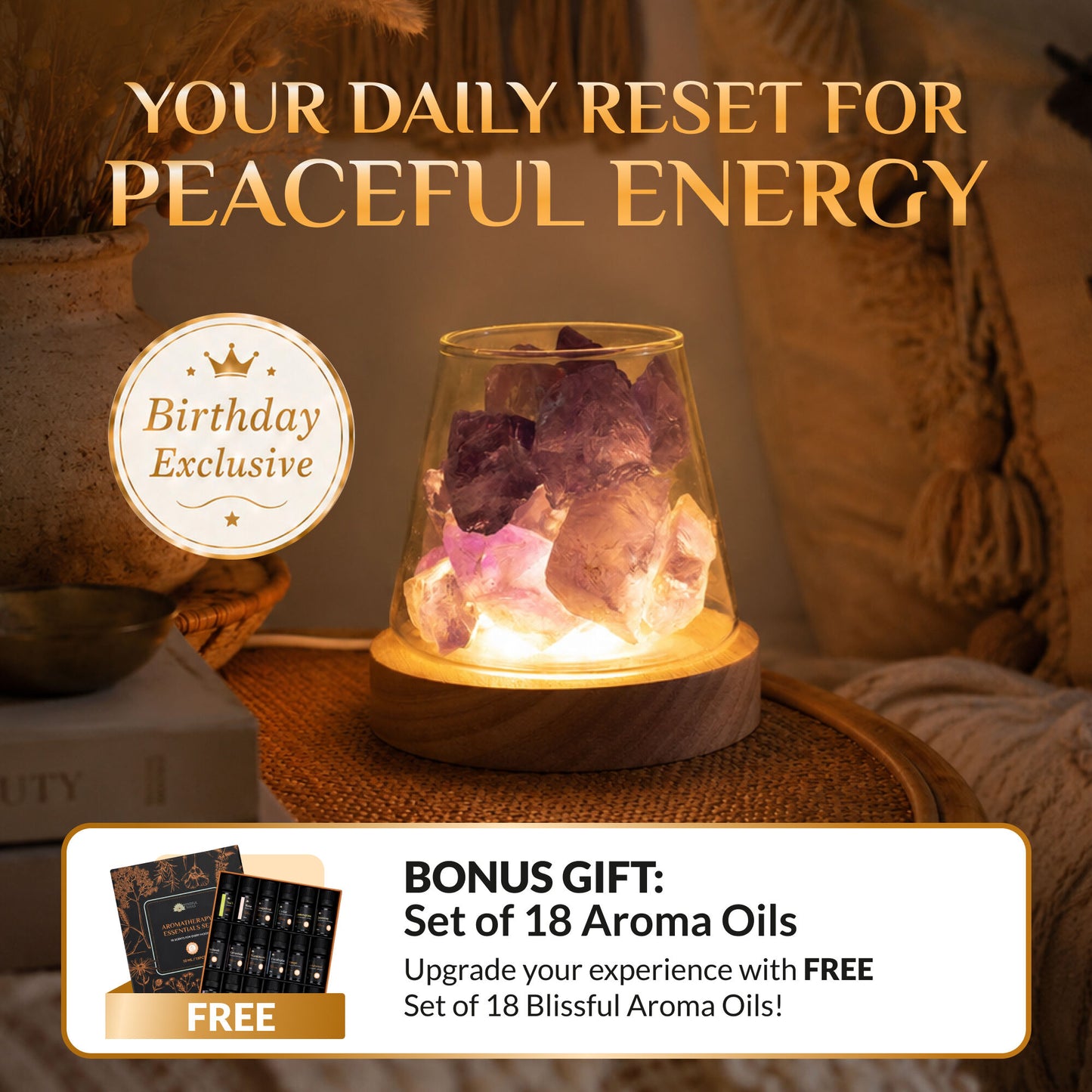 The Ultimate Aroma Bundle: Raw Gemstone Oil Diffuser with Light + FREE 18 Blissfull Aroma Oils Set