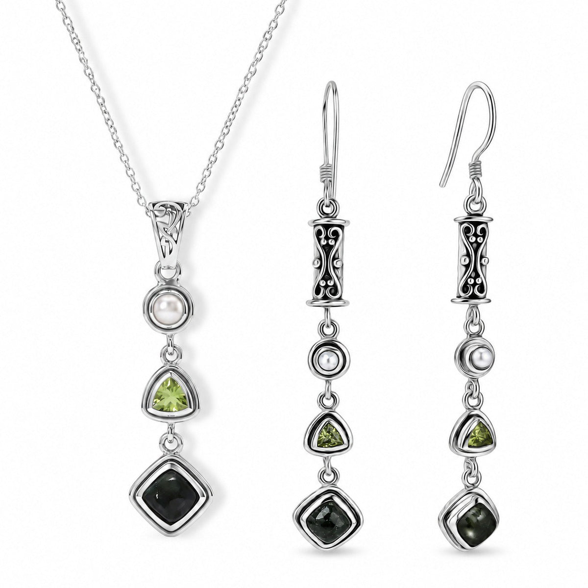 Seraphinite Jewelry Set with Peridot and Pearl - 925 Silver