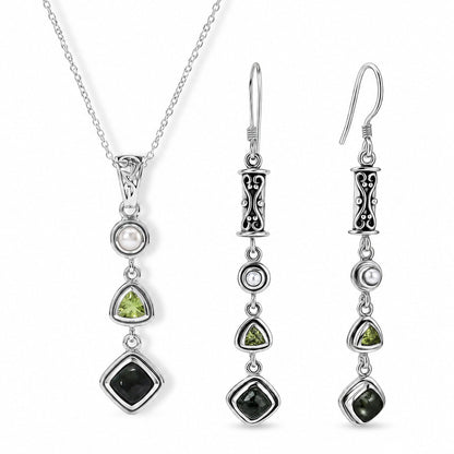 Seraphinite Jewelry Set with Peridot and Pearl - 925 Silver