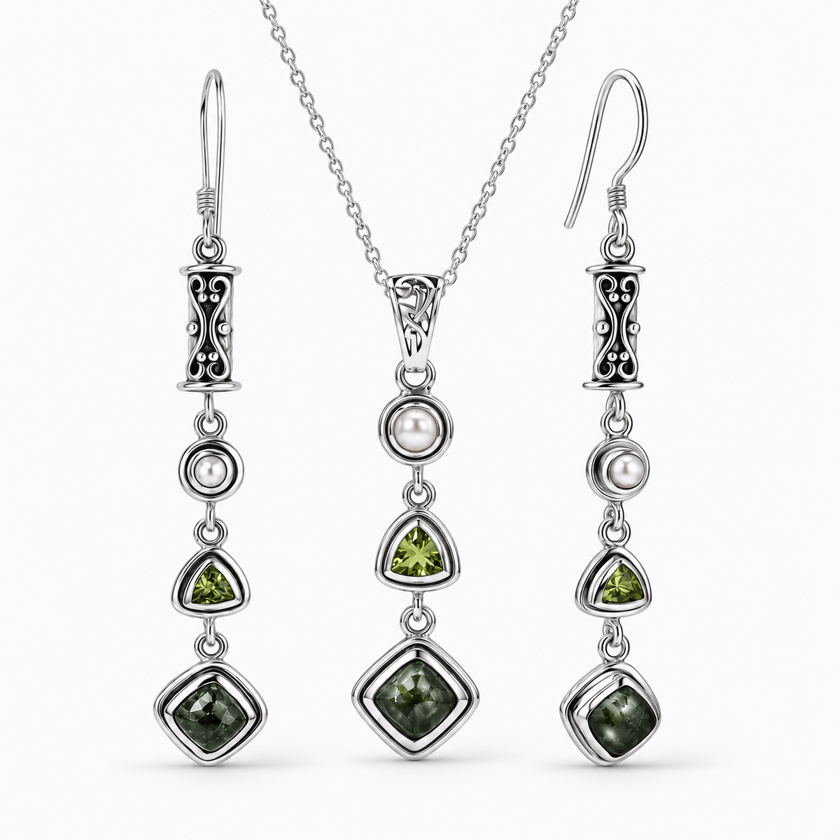 Seraphinite Jewelry Set with Peridot and Pearl - 925 Silver