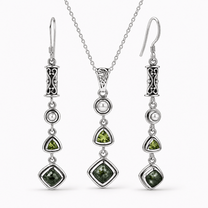 Seraphinite Jewelry Set with Peridot and Pearl - 925 Silver