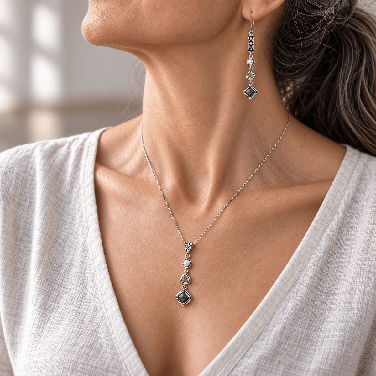 Seraphinite Jewelry Set with Peridot and Pearl - 925 Silver