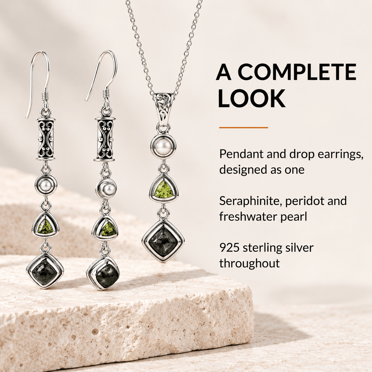 Seraphinite Jewelry Set with Peridot and Pearl - 925 Silver