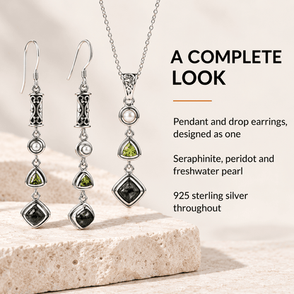 Seraphinite Jewelry Set with Peridot and Pearl - 925 Silver