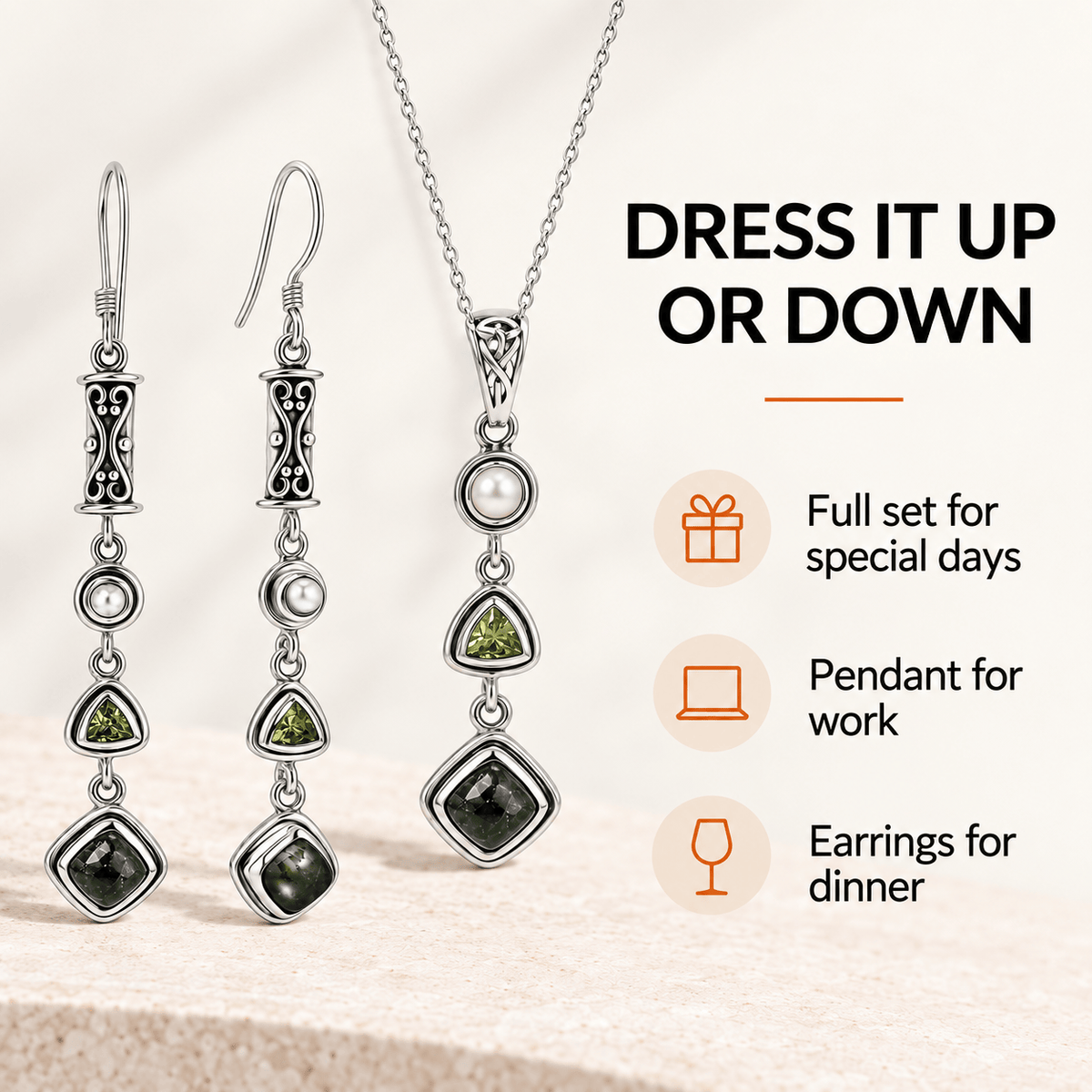 Seraphinite Jewelry Set with Peridot and Pearl - 925 Silver
