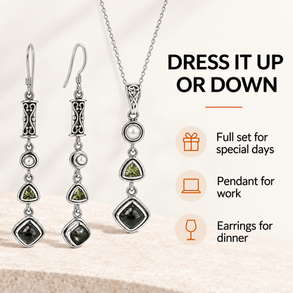 Seraphinite Jewelry Set with Peridot and Pearl - 925 Silver
