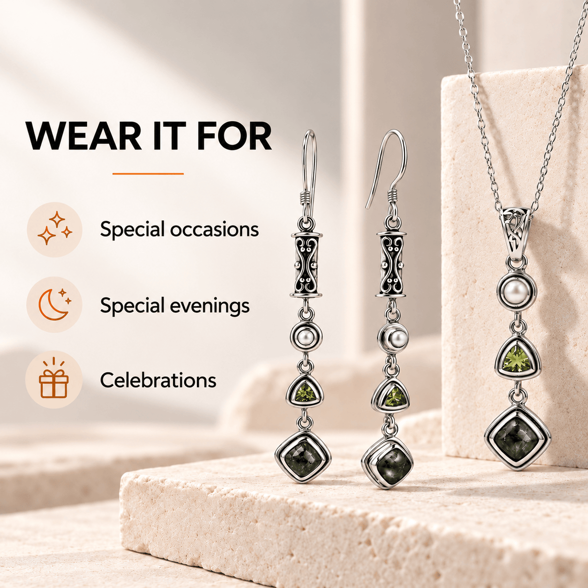Seraphinite Jewelry Set with Peridot and Pearl - 925 Silver