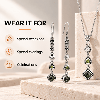 Seraphinite Jewelry Set with Peridot and Pearl - 925 Silver