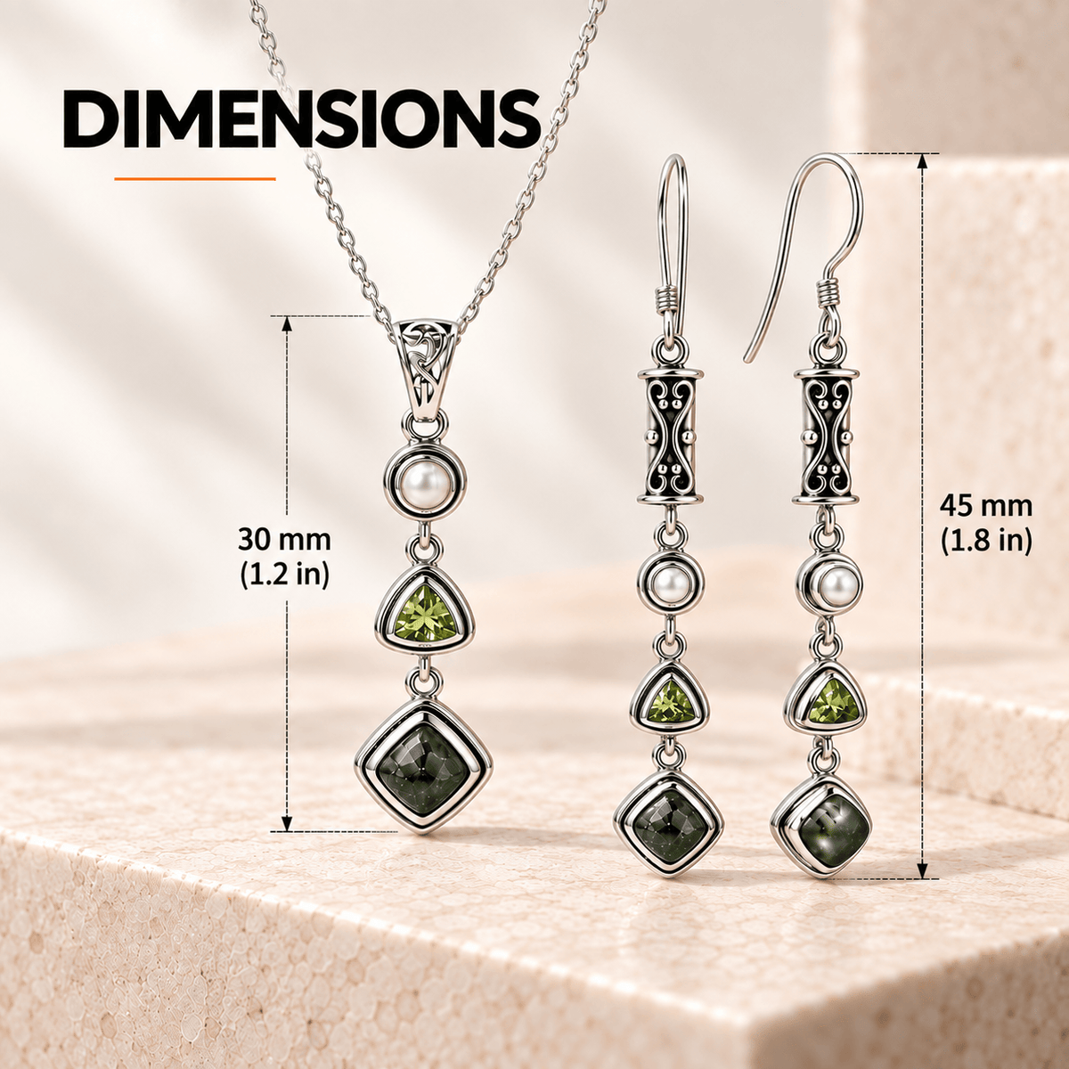 Seraphinite Jewelry Set with Peridot and Pearl - 925 Silver