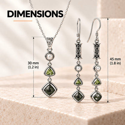 Seraphinite Jewelry Set with Peridot and Pearl - 925 Silver