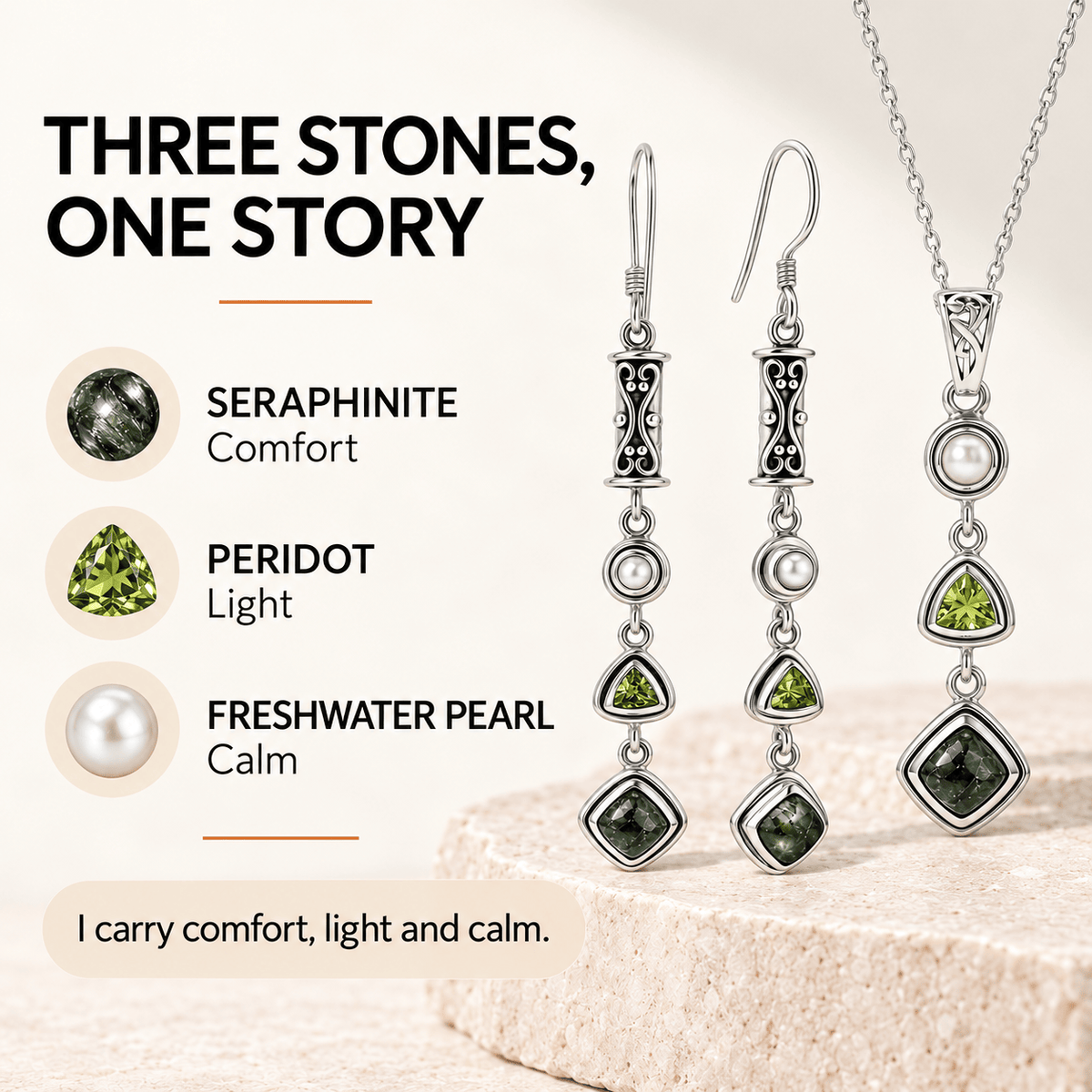 Seraphinite Jewelry Set with Peridot and Pearl - 925 Silver