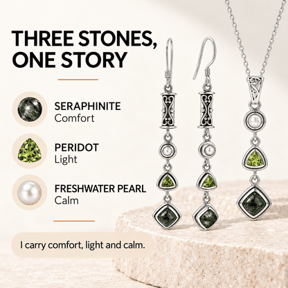 Seraphinite Jewelry Set with Peridot and Pearl - 925 Silver