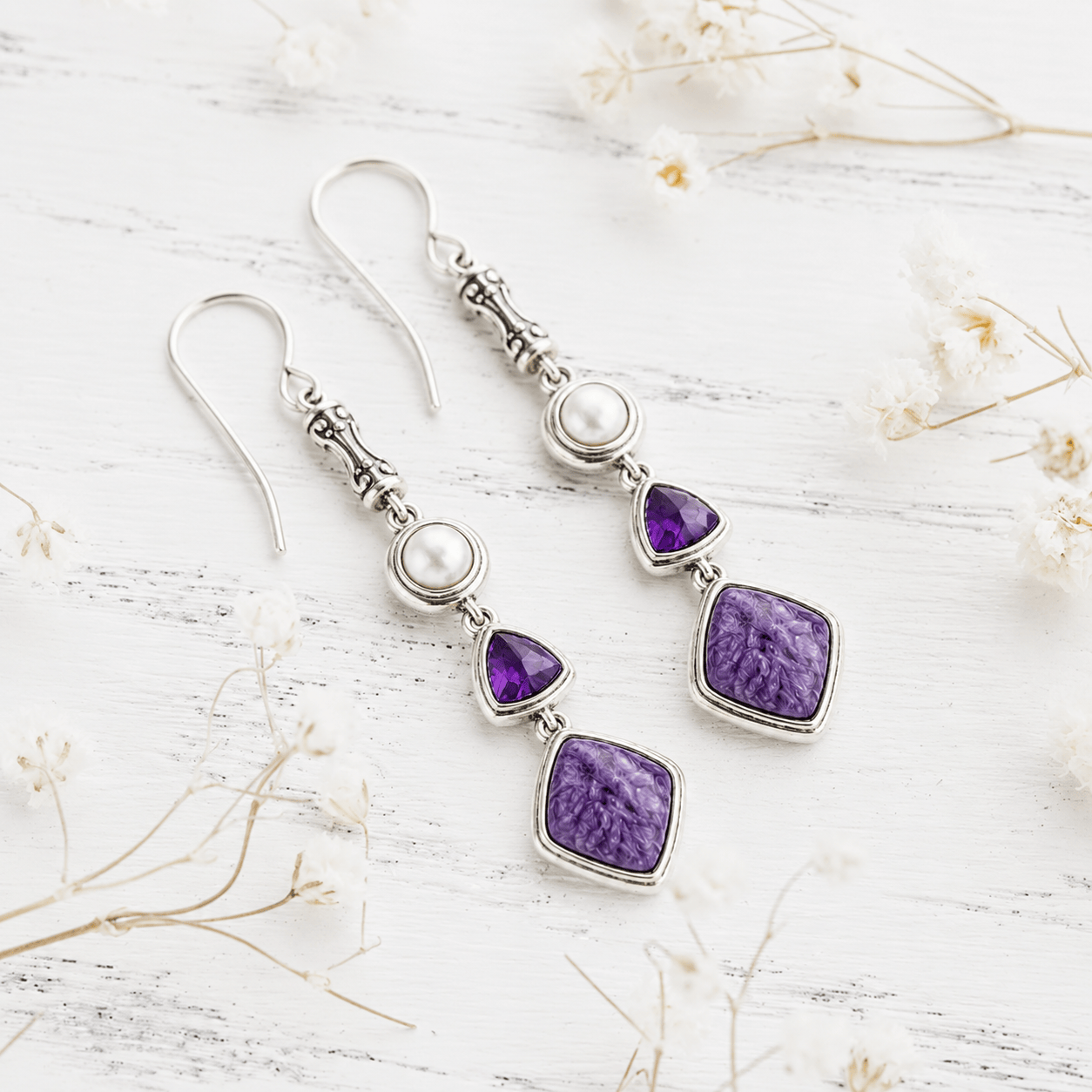 Natural Charoite, Amethyst & Pearl Earrings in Sterling Silver