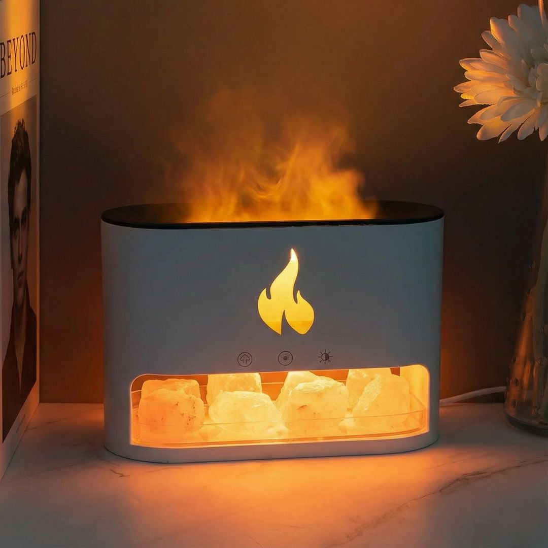 Himalayan Salt Fireplace Humidifier Lamp + FREE 18 Organic Essential Oils Set