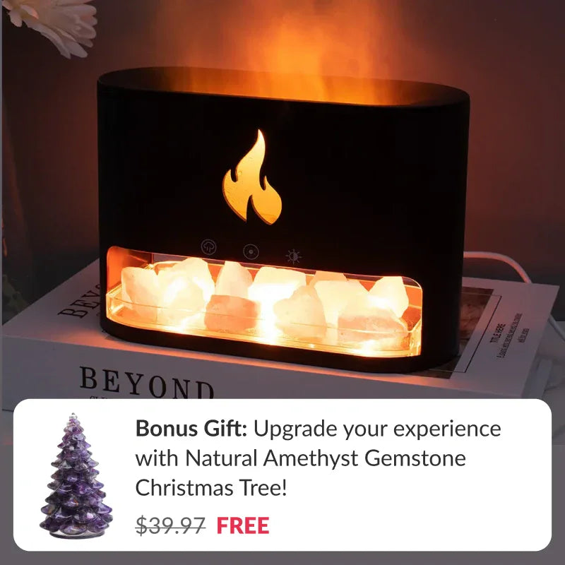 Himalayan Salt Fireplace Humidifier Lamp + Natural Amethyst Gemstone Christmas Tree