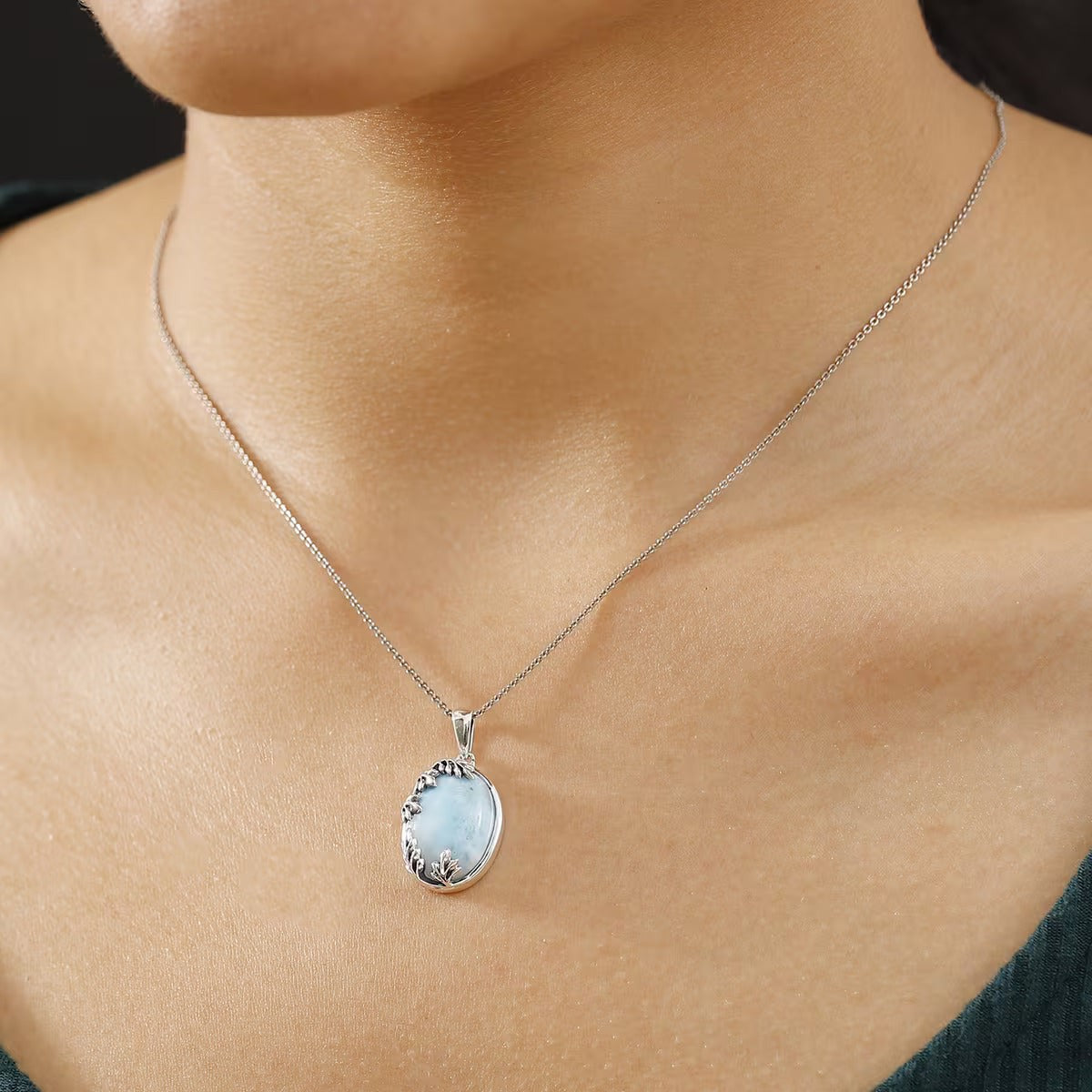 Larimar Flowing Leaf Pendant – Serenity & Strength in Sterling Silver
