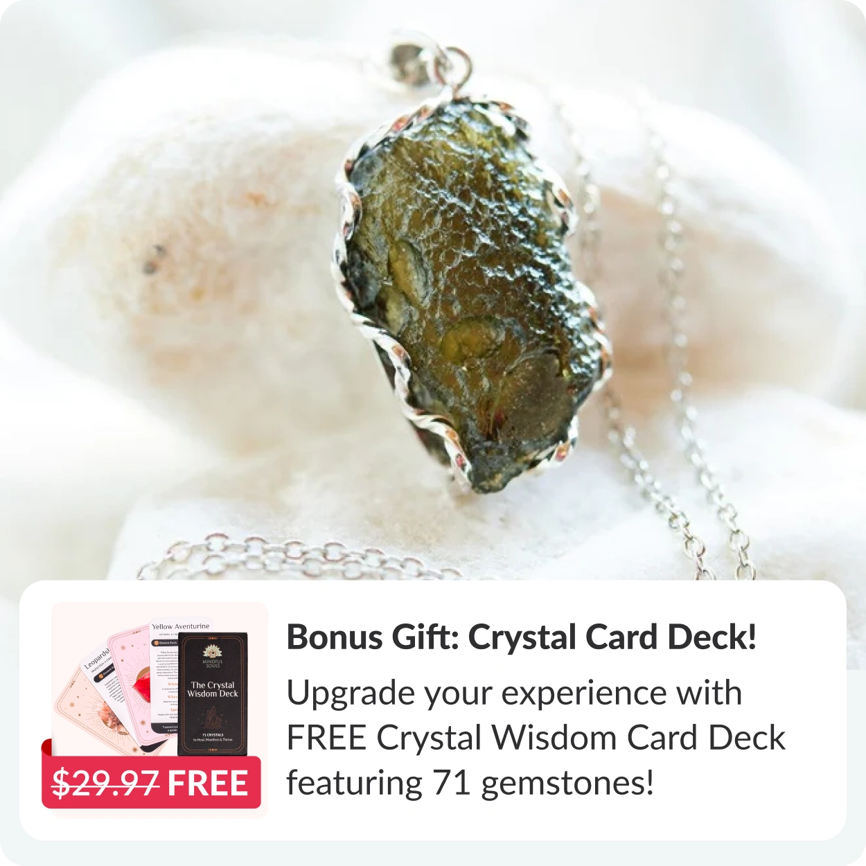 Real Raw Moldavite Crystal Necklace + FREE Crystal Wisdom Card Deck