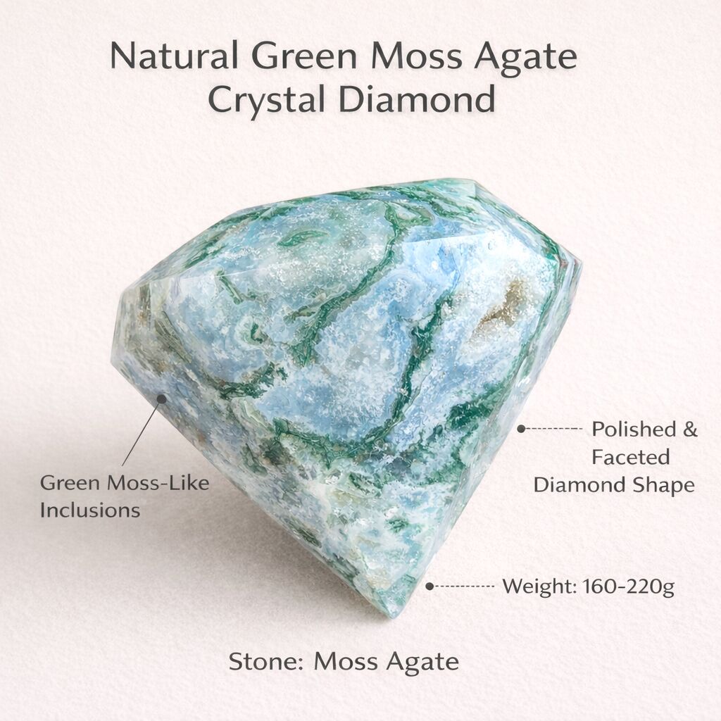 Natural Green Moss Agate Crystal Diamond Shape — Grounding Energy & Spiritual Growth