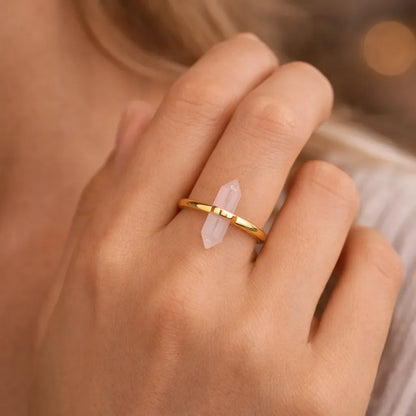 Thin Crystal Point Double Bead Ring — Sleek Healing Stone Jewelry