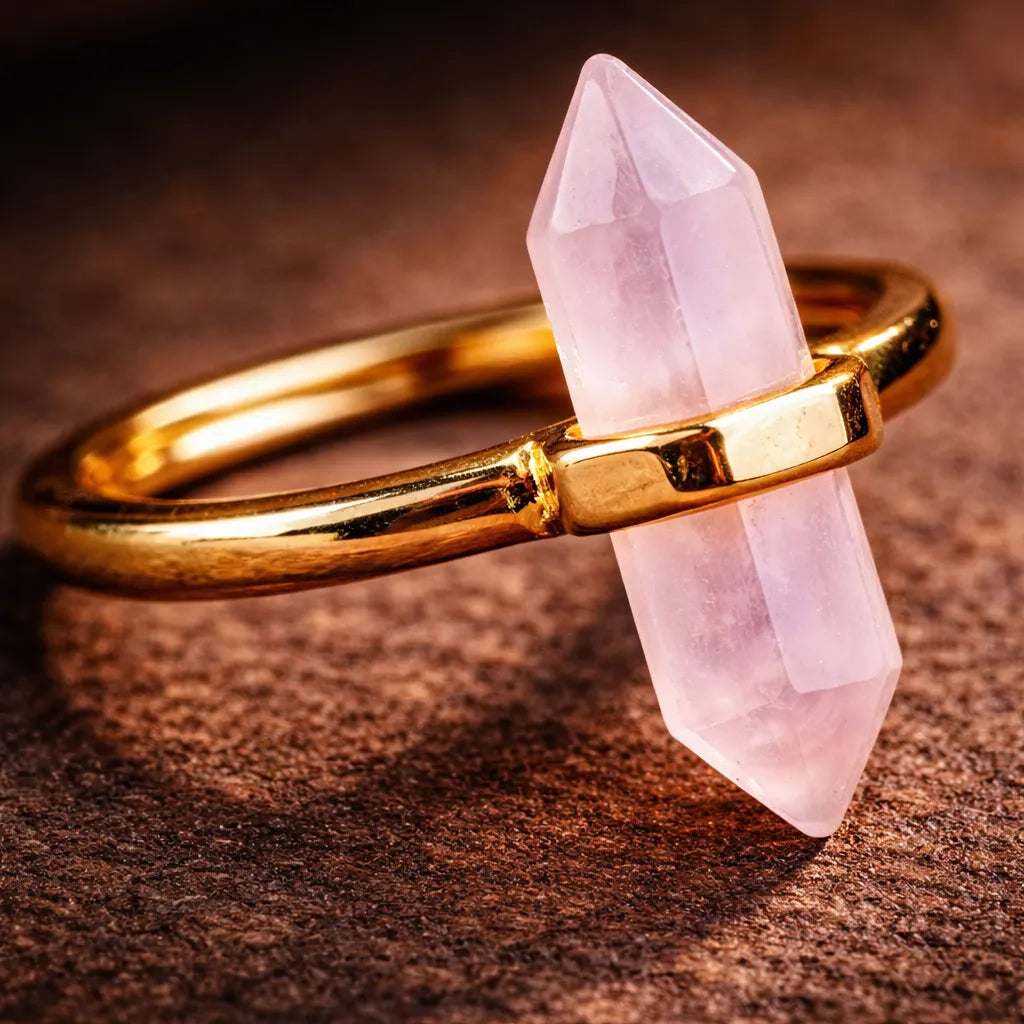 Thin Crystal Point Double Bead Ring — Sleek Healing Stone Jewelry