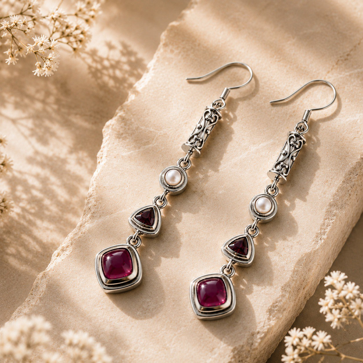 Ruby Red Pearl Drop Earrings  – Sterling Silver Jewelry
