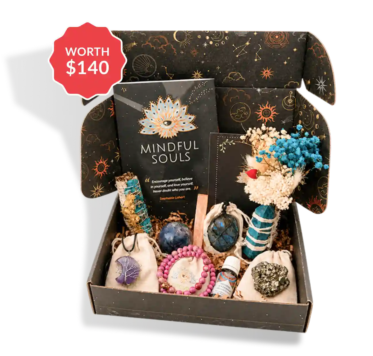 Open Mindful Souls subscription box with crystals and ritual items