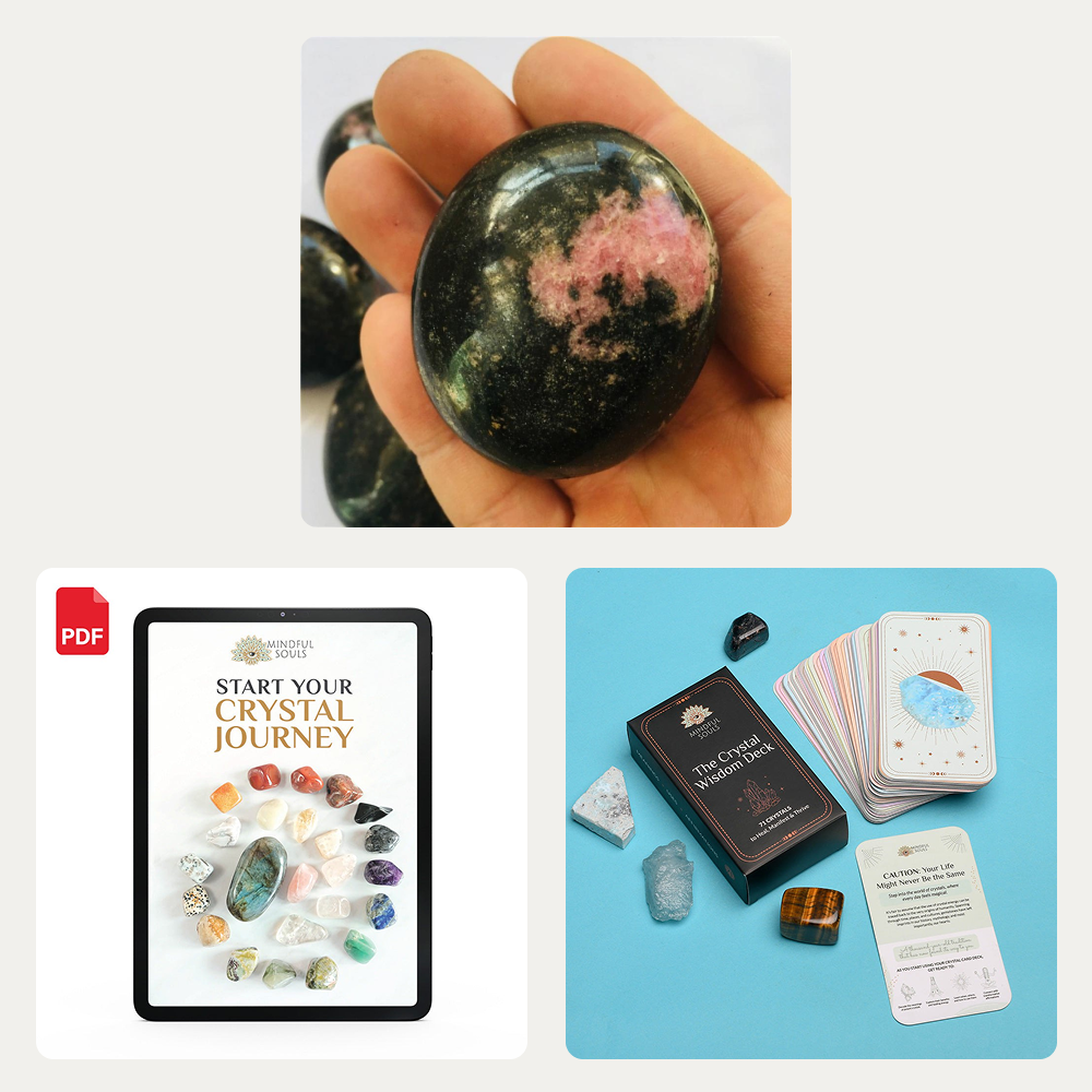 Bundle - Black Tourmaline Palm Stone - The Crystal Wisdom Card Deck - Mindful Crystal Guide eBook