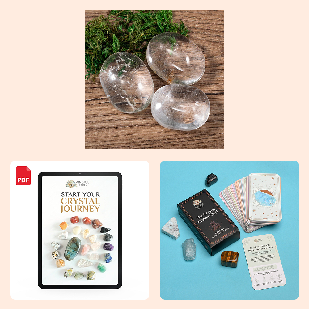 Bundle - Clear Quartz Palm Stone - The Crystal Wisdom Card Deck - Mindful Crystal Guide eBook