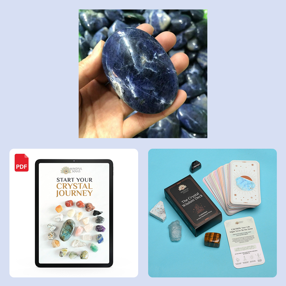 Bundle - Deep Blue Sodalite Palm Stone - The Crystal Wisdom Card Deck - Mindful Crystal Guide eBook