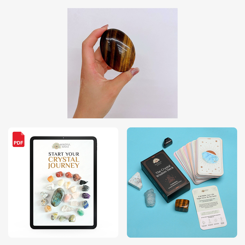 Bundle - Empowering Tiger's Eye Palm Stone - The Crystal Wisdom Card Deck - Mindful Crystal Guide eBook