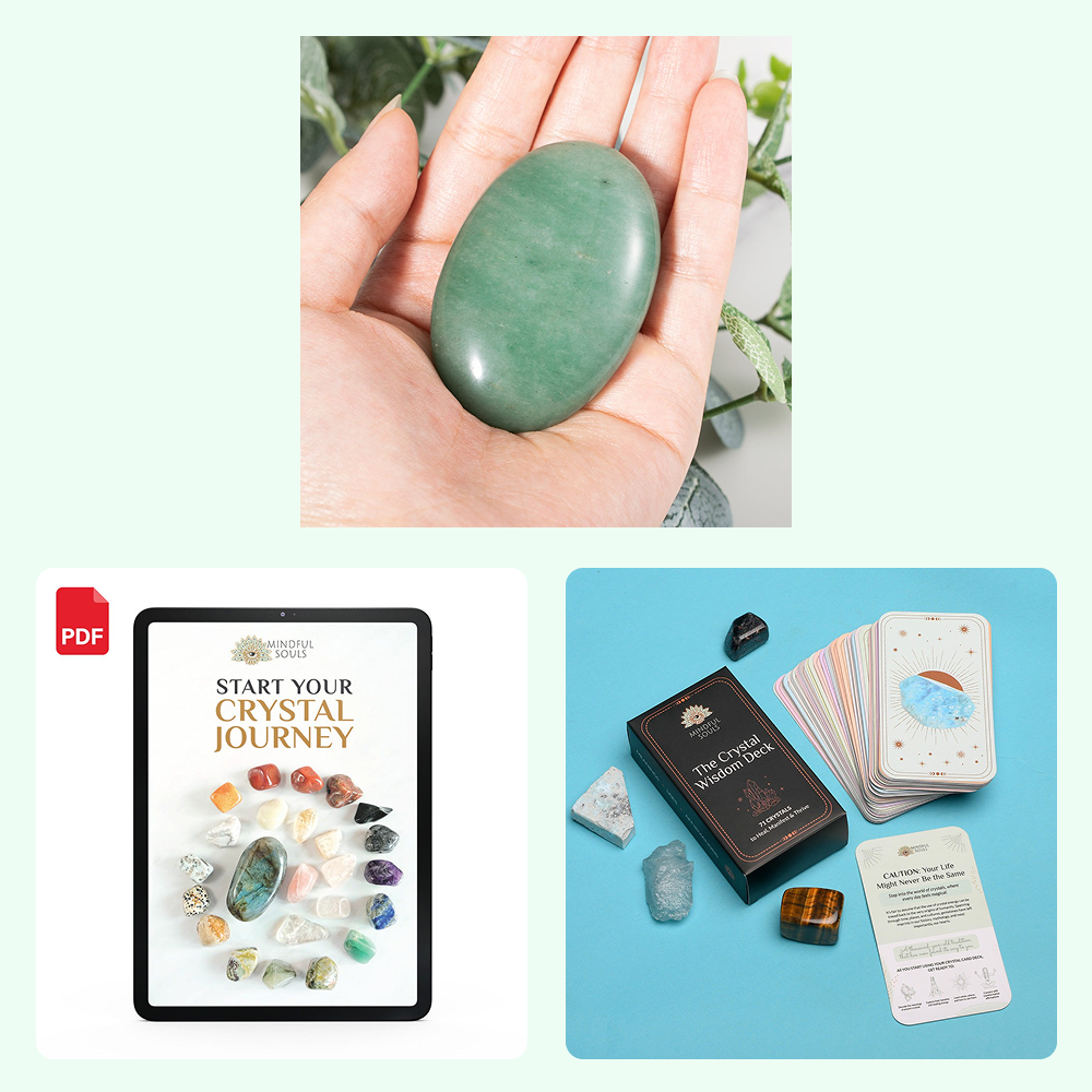 Bundle - Green Aventurine Palm Stone - The Crystal Wisdom Card Deck - Mindful Crystal Guide eBook