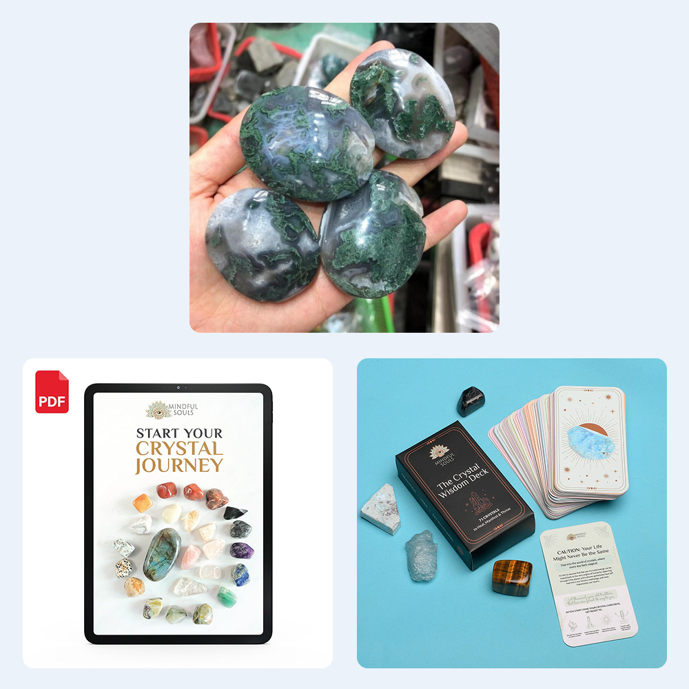 Bundle - Green Moss Agate Palm Stone - The Crystal Wisdom Card Deck - Mindful Crystal Guide eBook