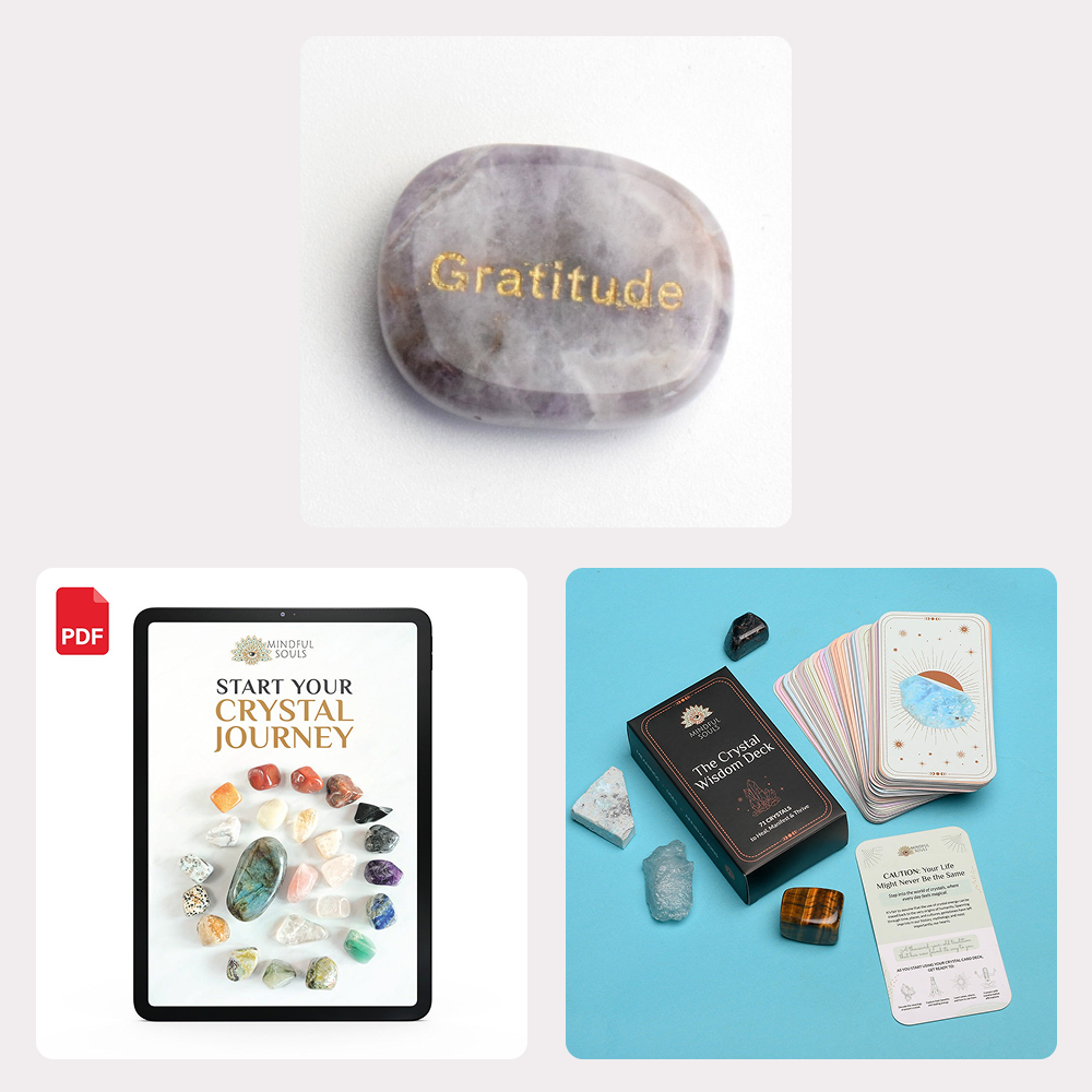 Bundle - Inspiring Gratitude Natural Stone (Amethyst) - The Crystal Wisdom Card Deck - Mindful Crystal Guide eBook