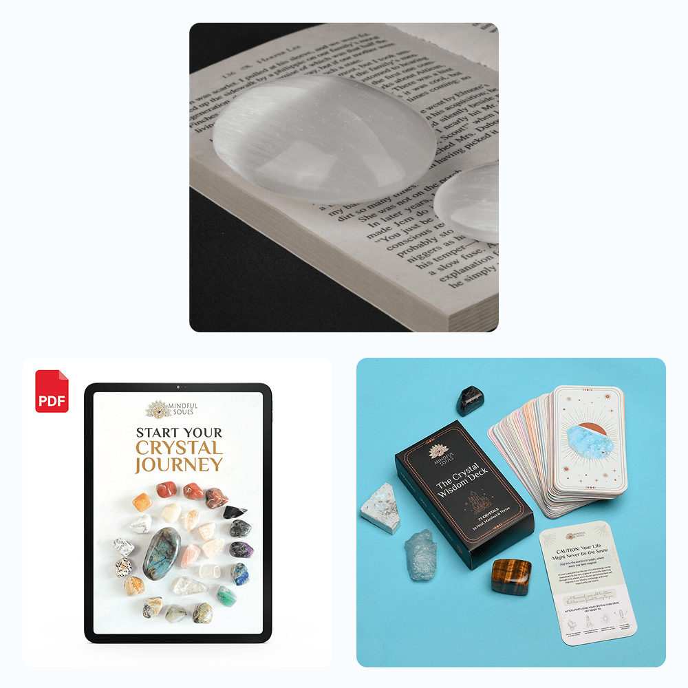 Bundle - Natural Selenite Palm Stone - The Crystal Wisdom Card Deck - Mindful Crystal Guide eBook