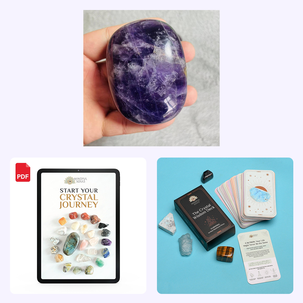 Bundle - Purple Amethyst Palm Stone - The Crystal Wisdom Card Deck - Mindful Crystal Guide eBook