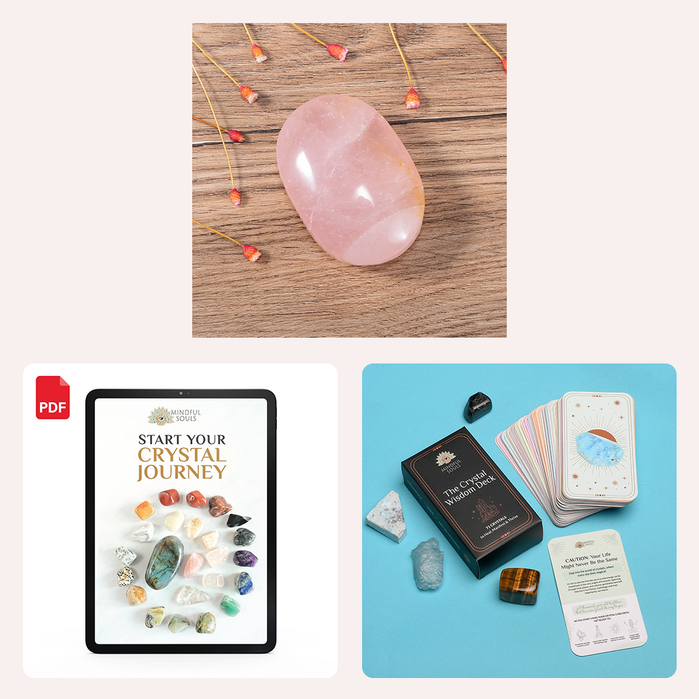 Bundle - Rose Quartz Palm Stone - The Crystal Wisdom Card Deck - Mindful Crystal Guide eBook